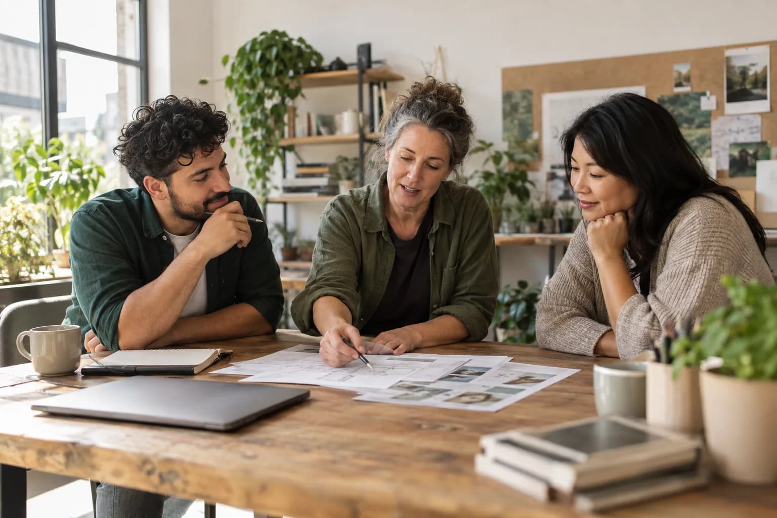Three people working through a plan together at a sunlit table.